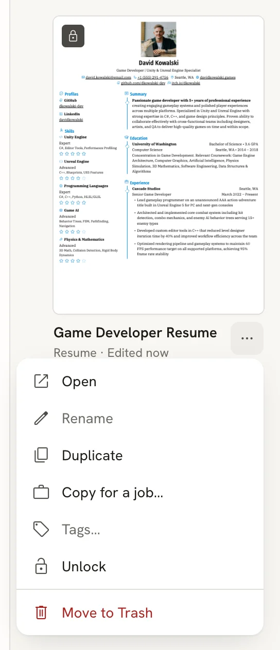 A resume card with a lock icon and its menu showing Rename, Tags and Move to Trash unavailable and an Unlock item