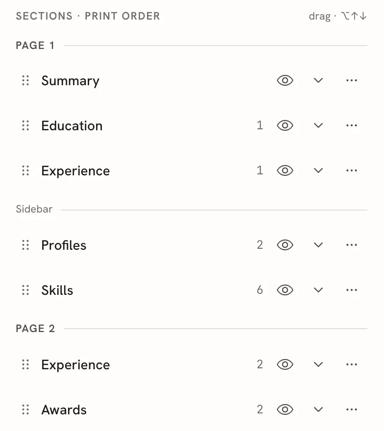 The Sections list in Write mode, showing Page 1 with Summary, Education and Experience, a Sidebar divider above Profiles and Skills, and Page 2 with Experience and Awards. Each row has a drag handle, an entry count, an eye icon, a chevron and a three-dot menu.