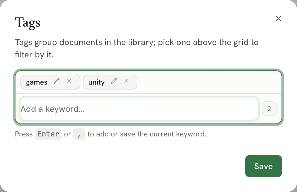 The Tags dialog with games and unity tags added and an empty Add a keyword field