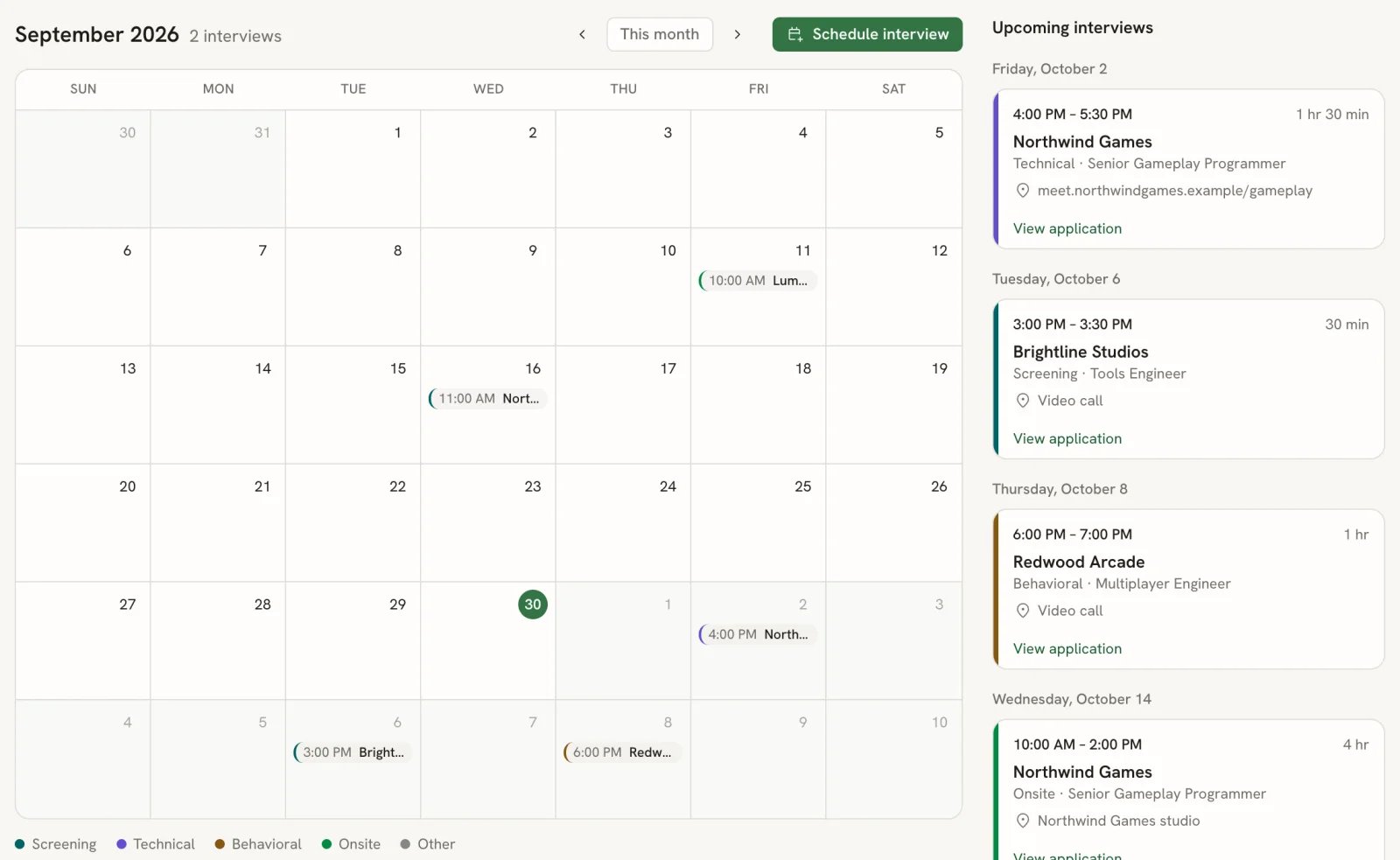 Calendar view for September 2026 with interview chips on several days, the Schedule interview button, and an Upcoming interviews list with cards for Northwind Games, Brightline Studios and Redwood Arcade