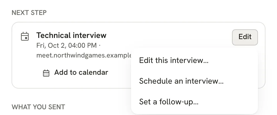 Next step card with the Edit menu open, listing Edit this interview…, Schedule an interview… and Set a follow-up…