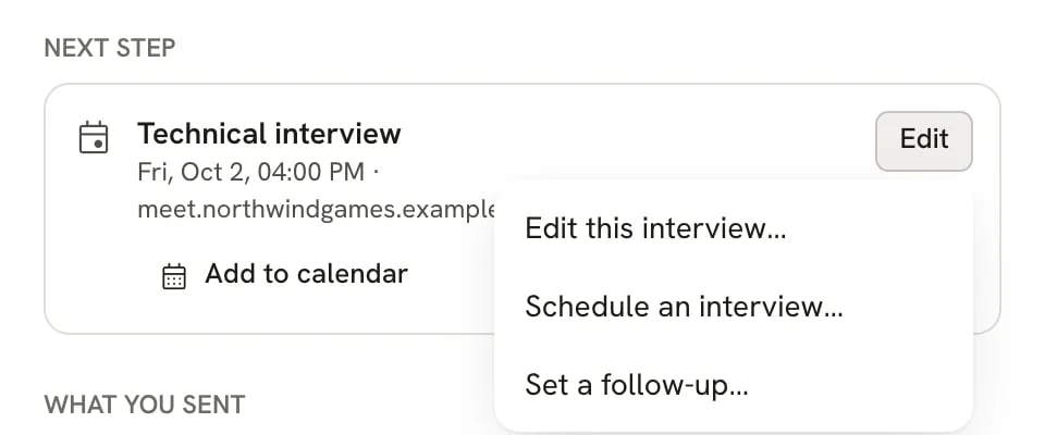 Next step card with the Edit menu open, listing Edit this interview…, Schedule an interview… and Set a follow-up…