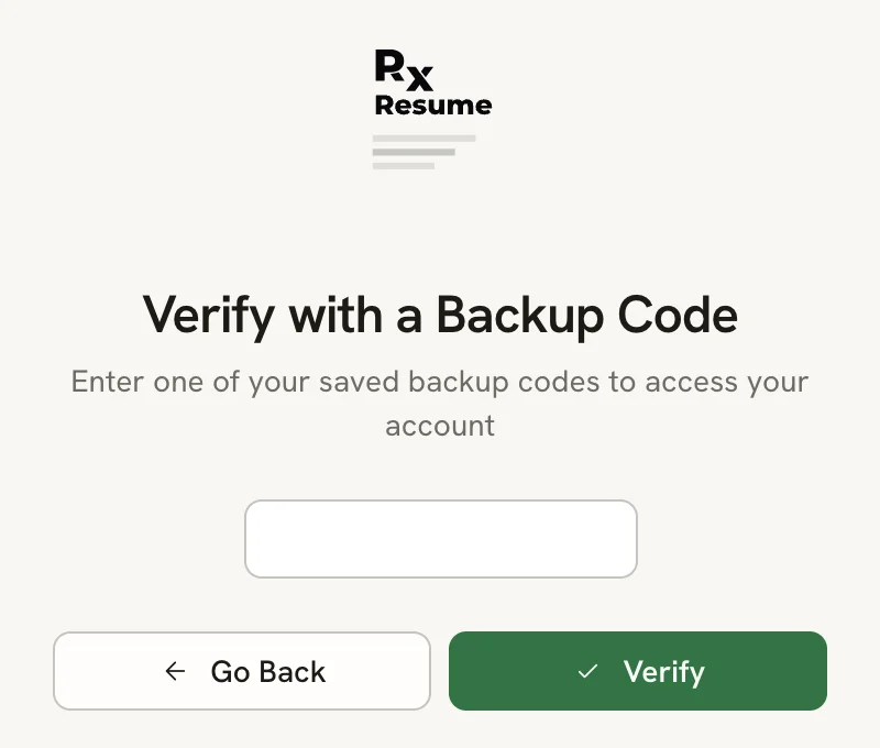 The Verify with a Backup Code page with a single text field, a Go Back button and a Verify button