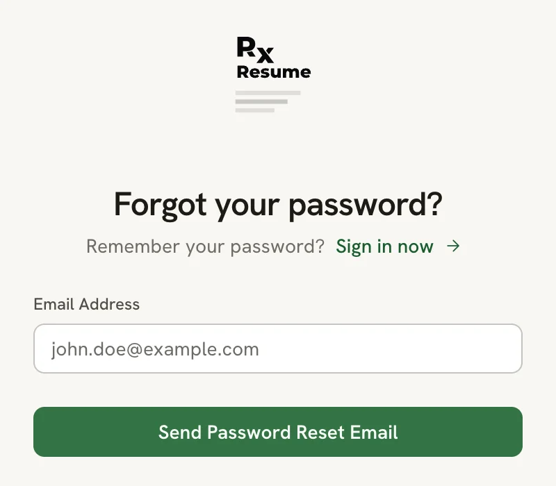 The Forgot your password? page with an Email Address field and a Send Password Reset Email button
