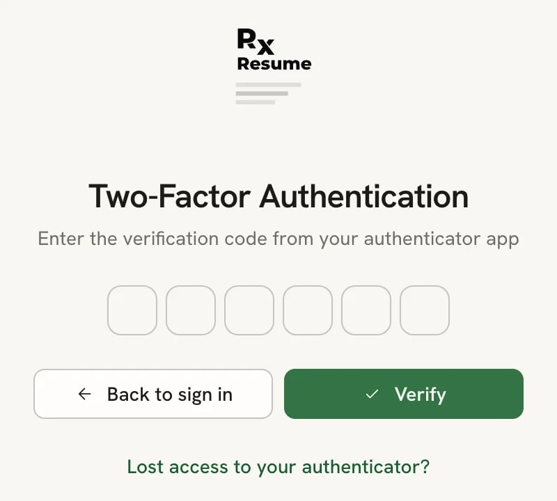 The Two-Factor Authentication page with six code boxes, Back to sign in and Verify buttons, and a Lost access to your authenticator? link