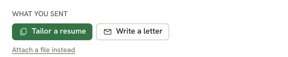 What you sent section with a Tailor a resume button, a Write a letter button and an Attach a file instead link