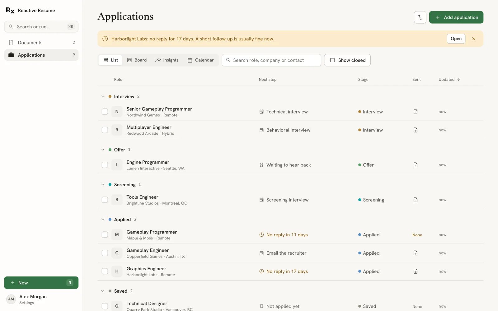 Applications page showing a follow-up reminder banner, the List, Board, Insights and Calendar tabs, a search field, Show closed, and applications grouped under Interview, Offer, Screening, Applied and Saved