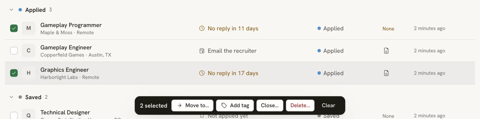 Two application rows checked in the List view and a dark bar reading 2 selected with Move to…, Add tag, Close…, Delete… and Clear