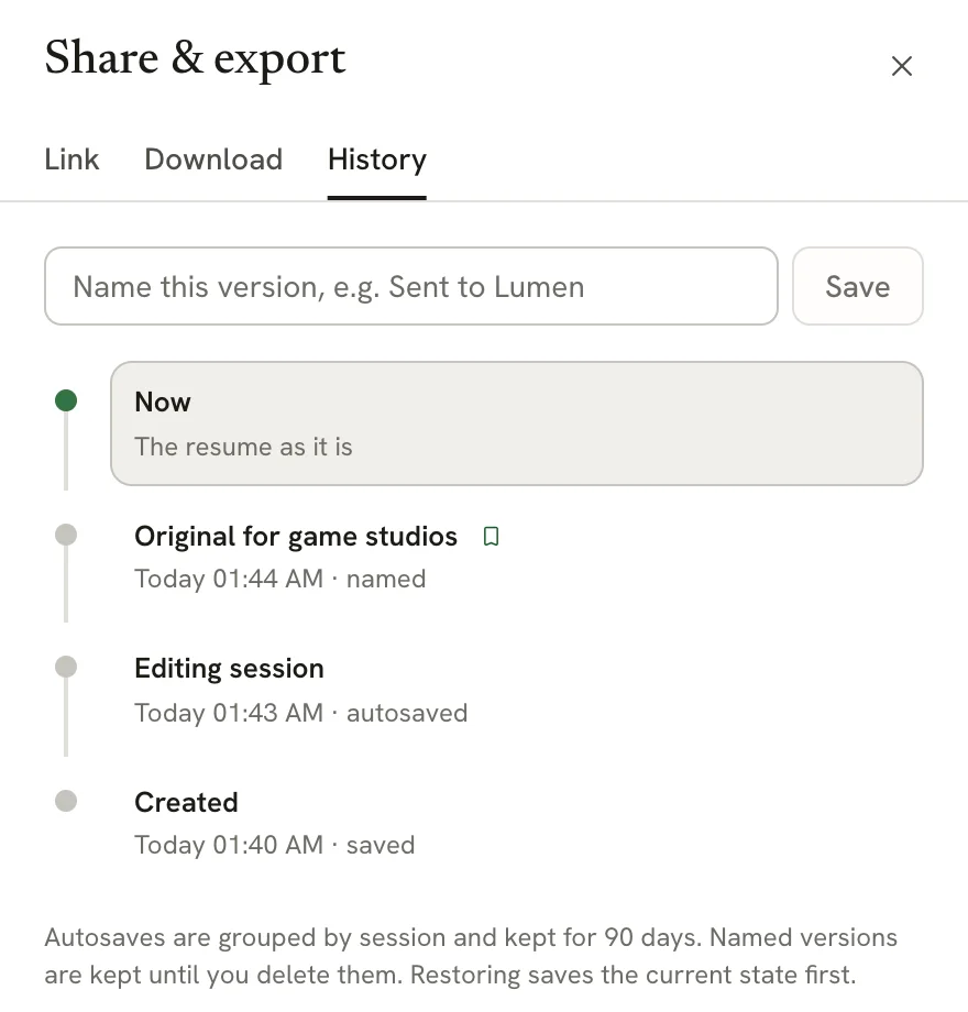 The History tab of the Share & export panel: a field to name the current version, then a timeline with Now, a named version marked with a bookmark, an Editing session and Created