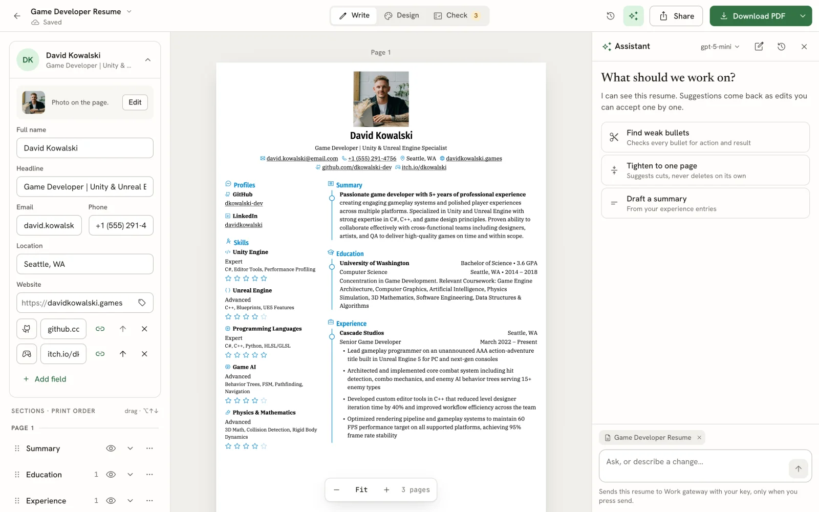 Resume editor with the Assistant panel open on the right, showing What should we work on? and three suggestions: Find weak bullets, Tighten to one page and Draft a summary