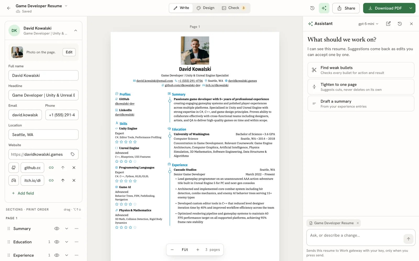Resume editor with the Assistant panel open on the right, showing What should we work on? and three suggestions: Find weak bullets, Tighten to one page and Draft a summary