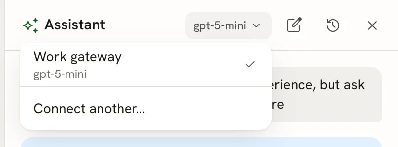 Model menu open under the gpt-5-mini chip, listing the provider Work gateway with its model gpt-5-mini and a checkmark, and Connect another…