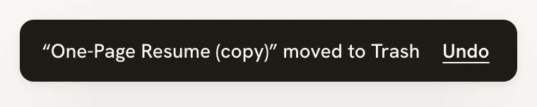 A message reading One-Page Resume (copy) moved to Trash with an Undo button