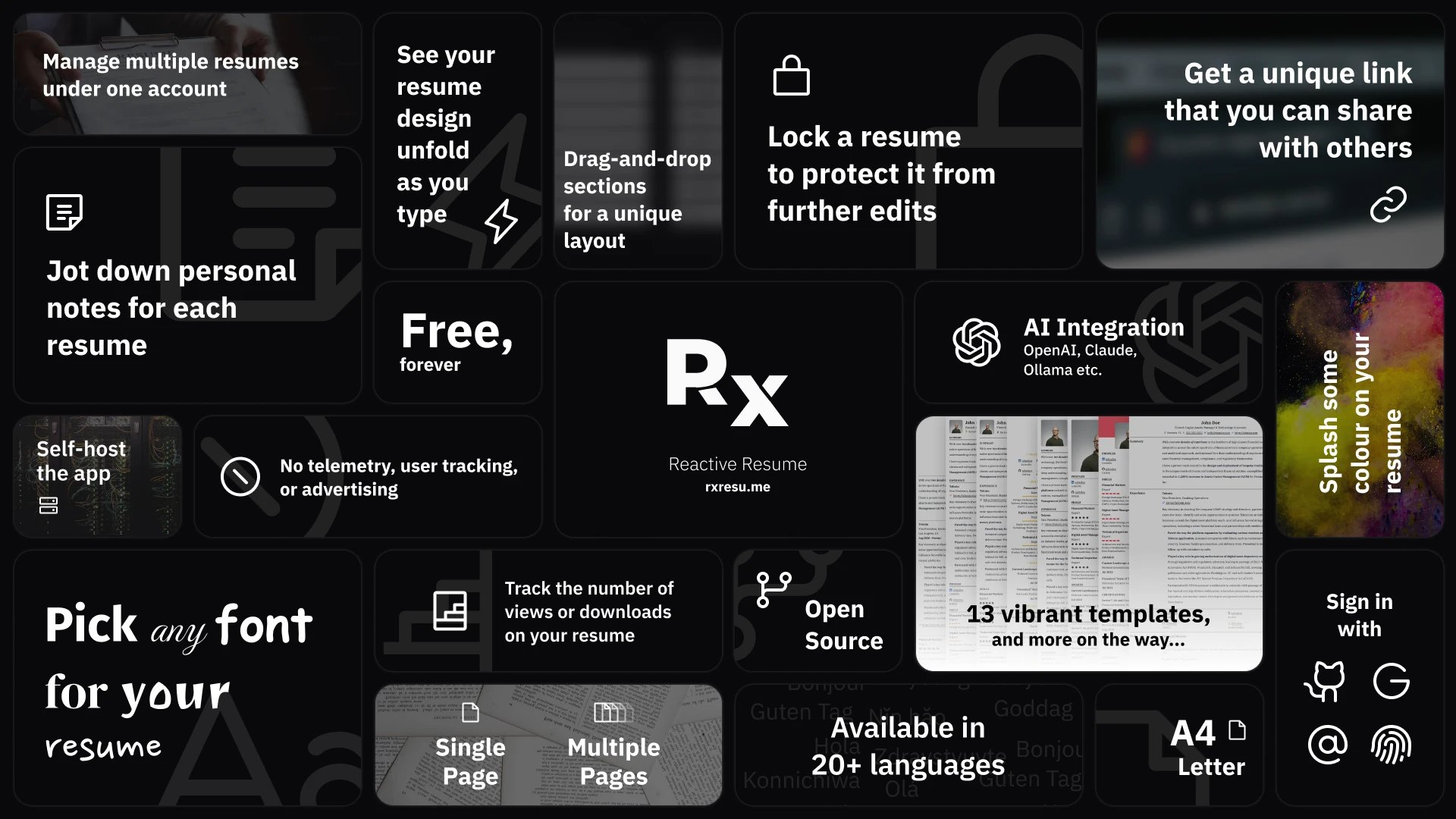 An infographic of the major features of Reactive Resume