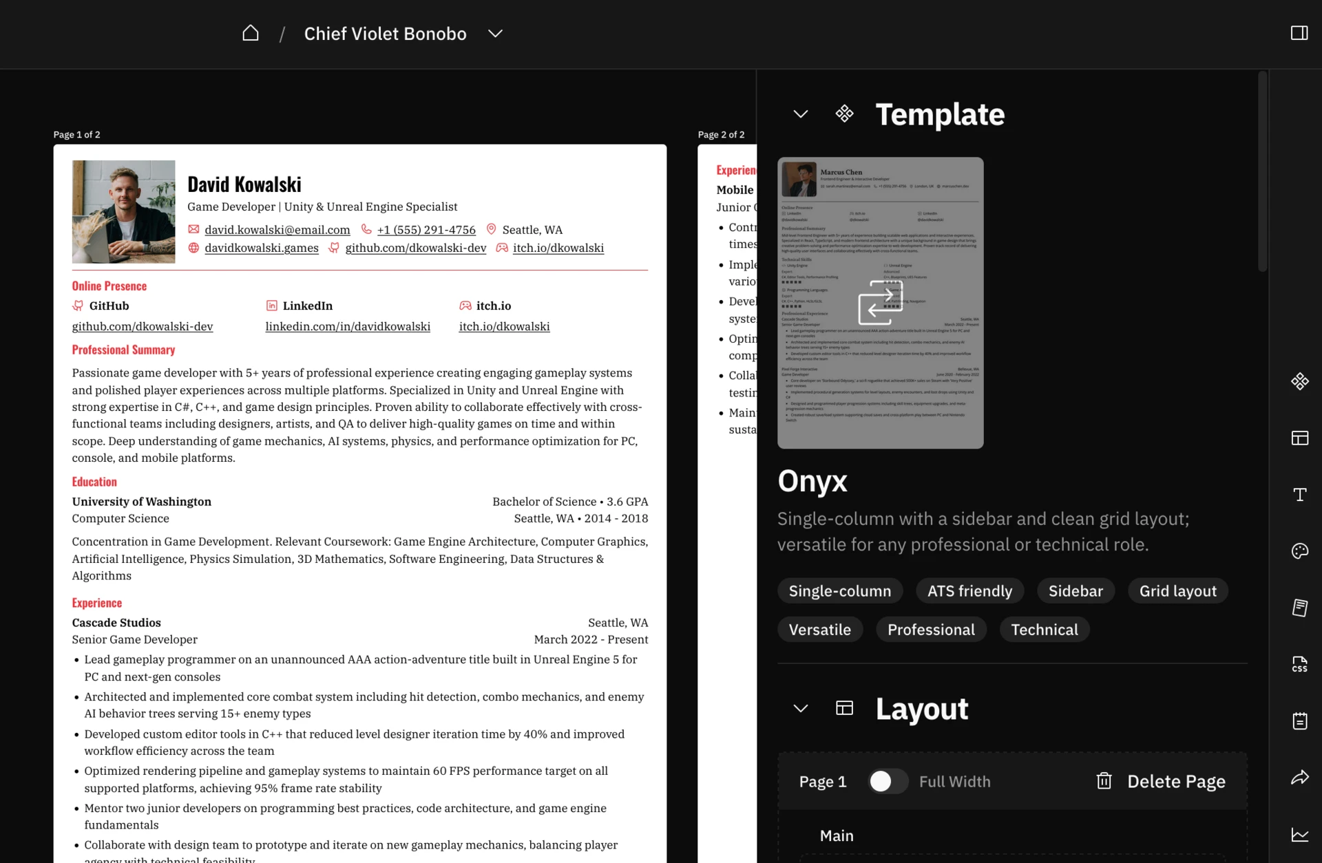 Screenshot of the template section in the right sidebar