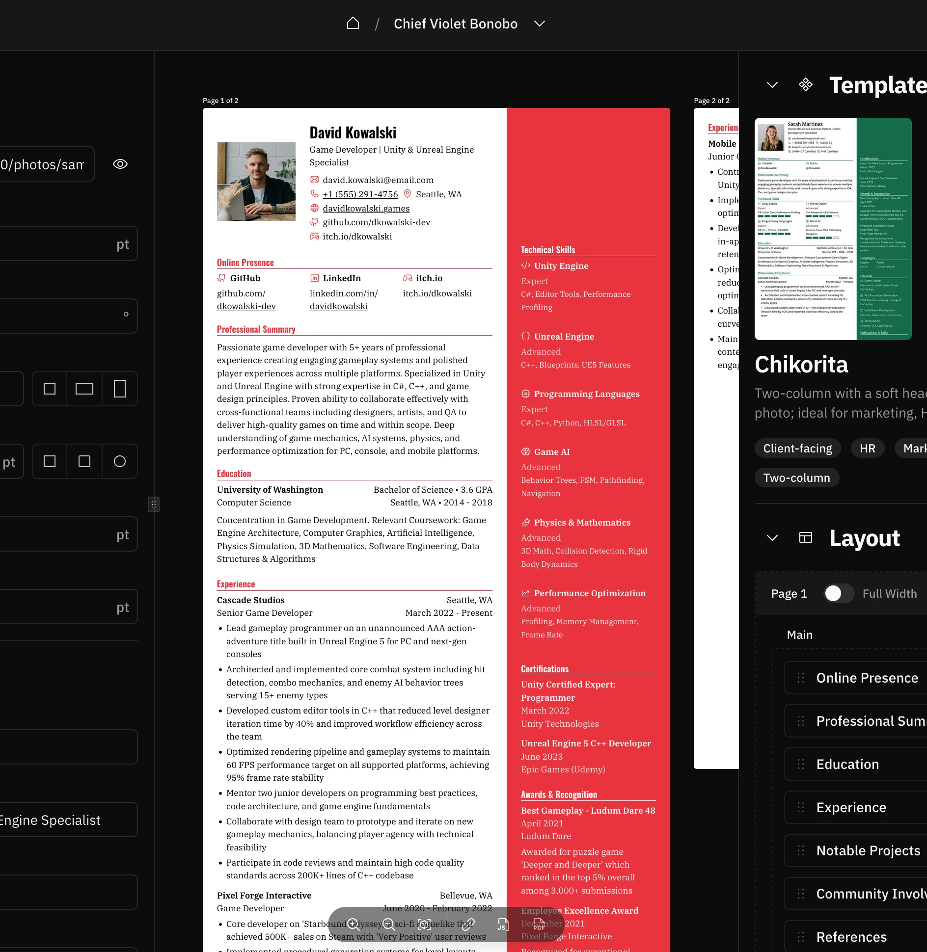 Screenshot of the resume with a new template applied