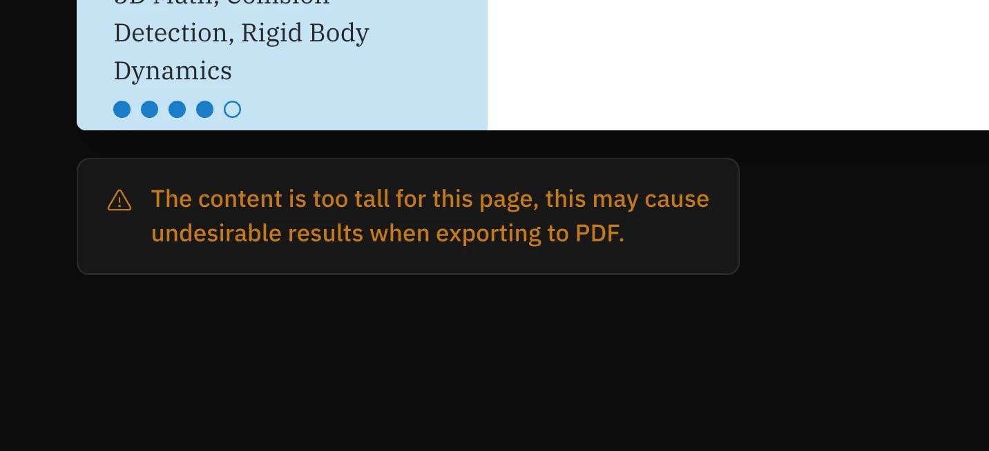 Screenshot of the overflow warning message in the resume builder