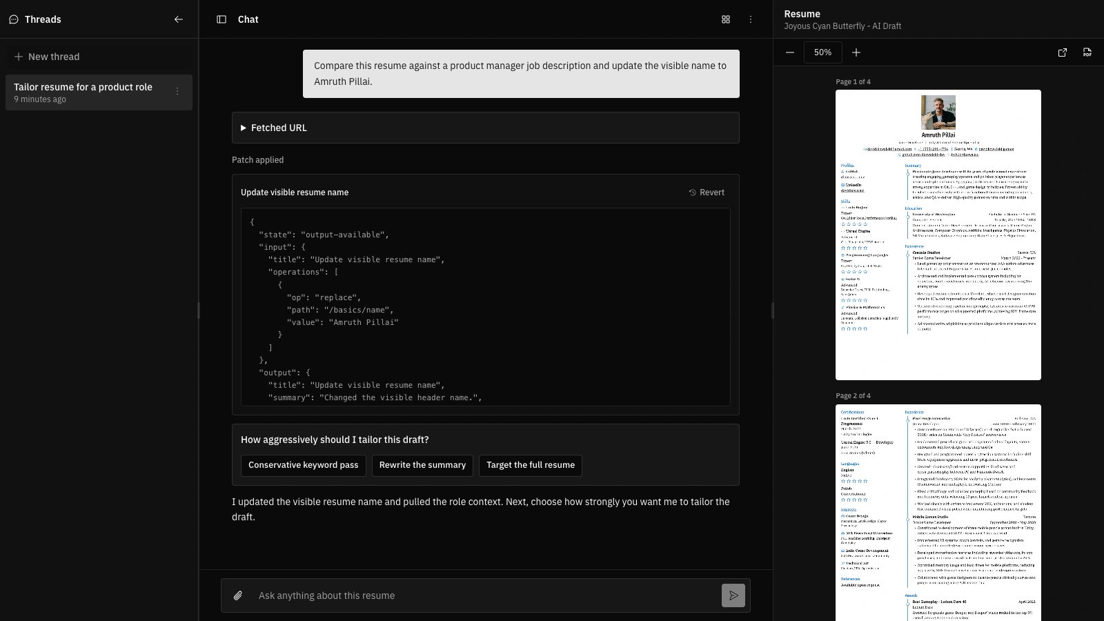 AI Agent chat showing an applied patch with raw JSON details
