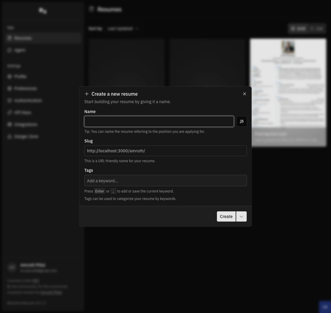 Create a new resume dialog with name, slug, and tags fields