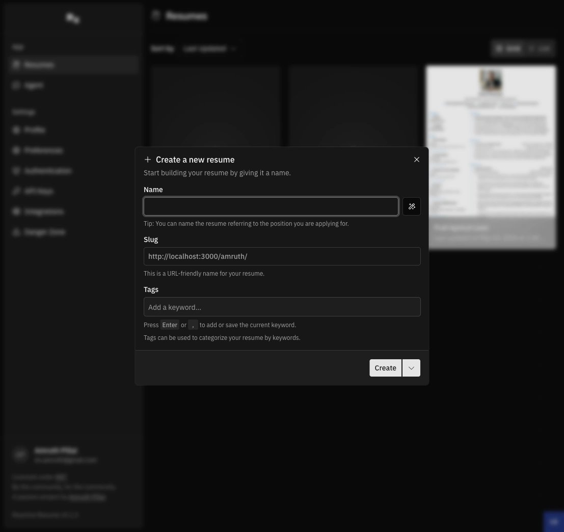 Create a new resume dialog with name, slug, and tags fields