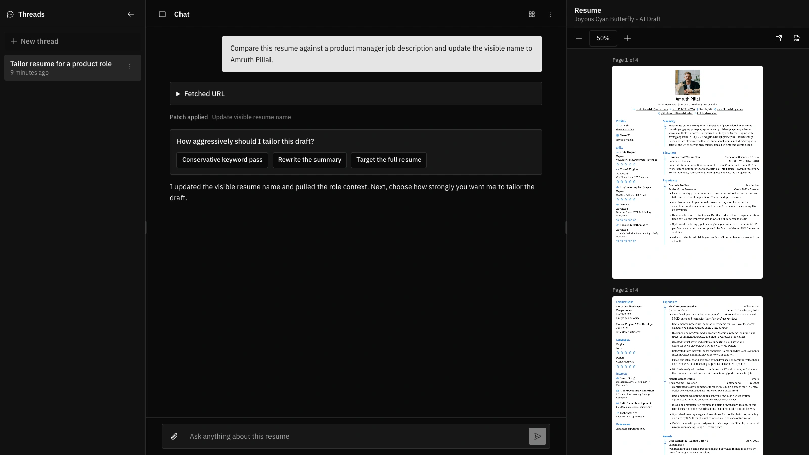 AI Agent workspace showing thread sidebar, chat, and resume preview