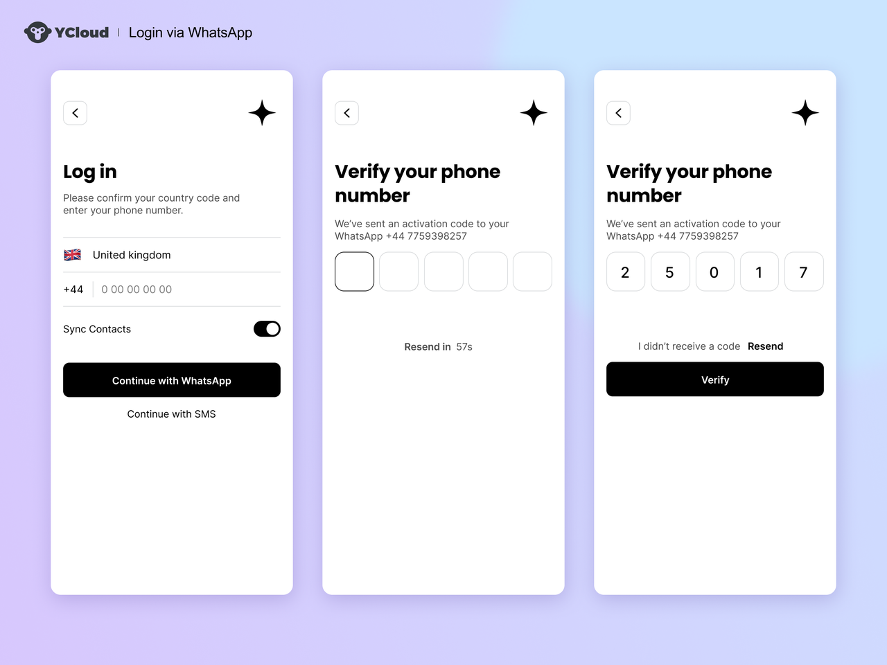 Login screens offering WhatsApp or SMS, a resend countdown, and code verification.