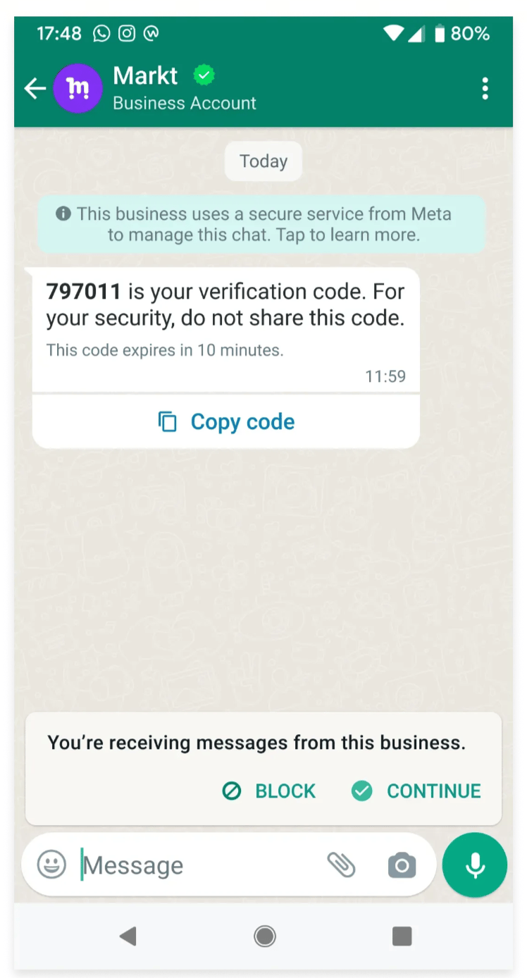 WhatsApp authentication message with a Copy code button.