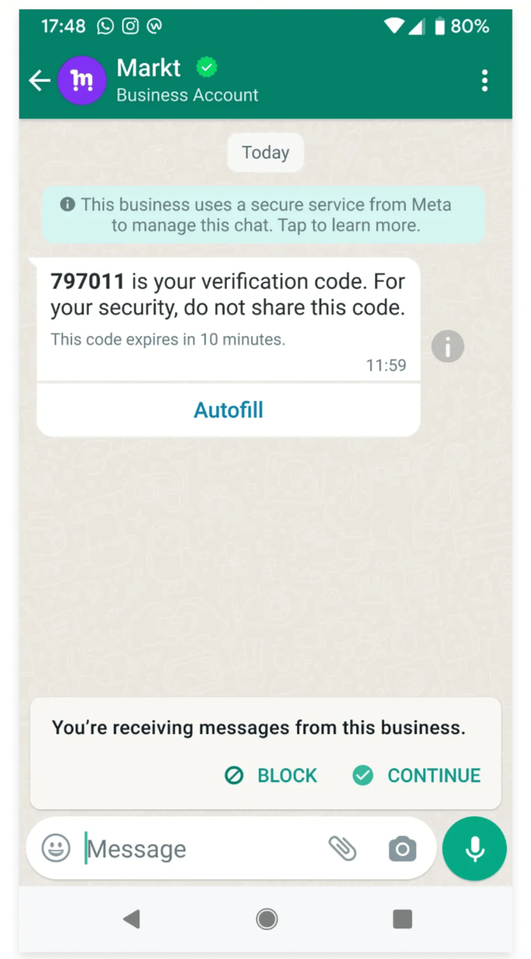 WhatsApp authentication message with an Autofill button on Android.