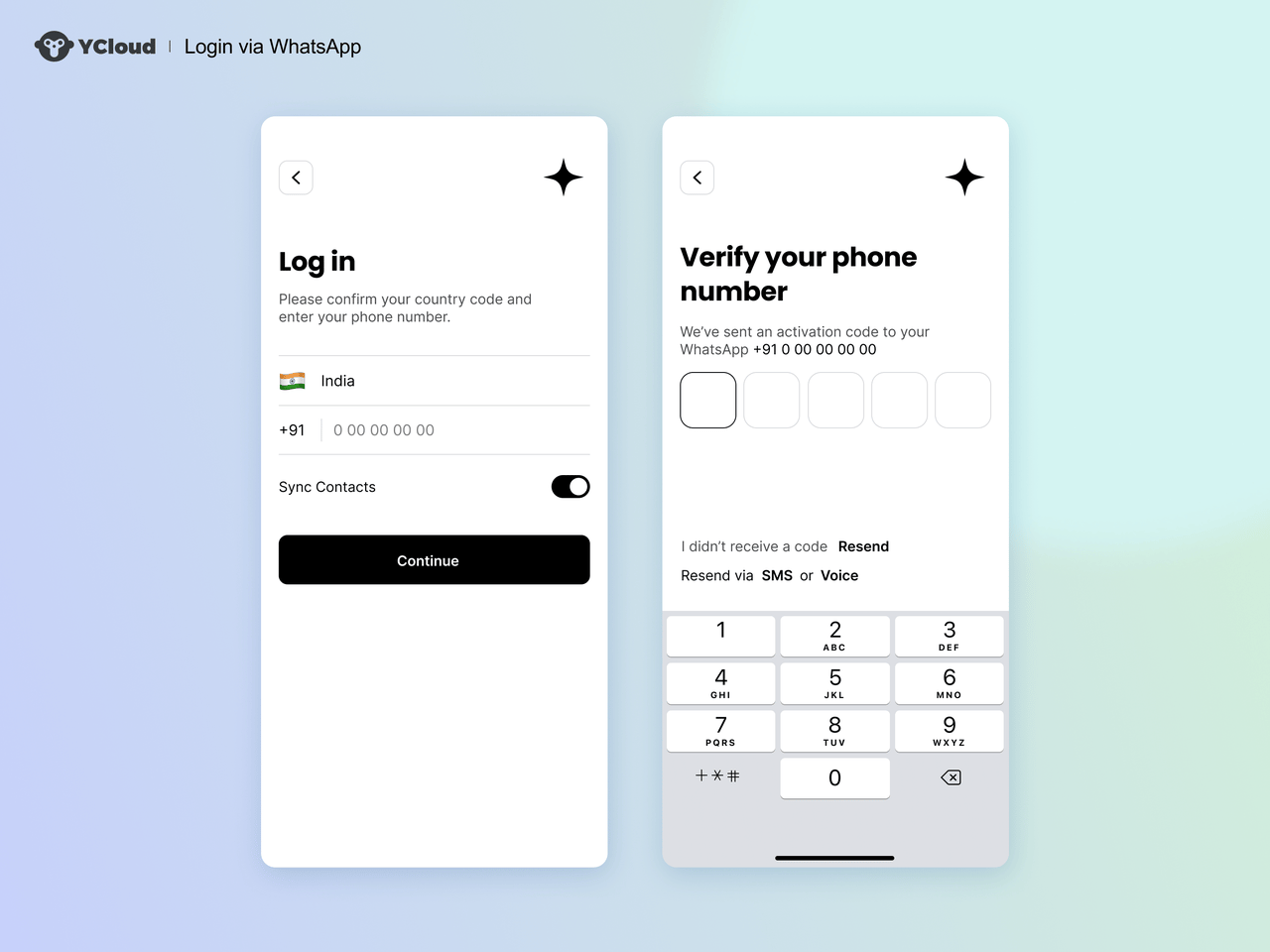 WhatsApp login and code-entry screens with SMS and voice alternatives.