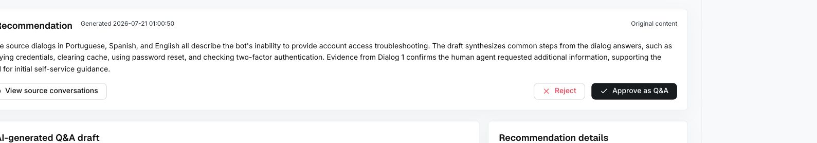 Recommendation action area with View source conversations, Reject, and Approve as Q&A buttons