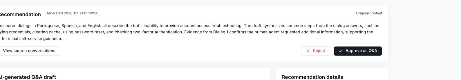 Recommendation action area with View source conversations, Reject, and Approve as Q&A buttons