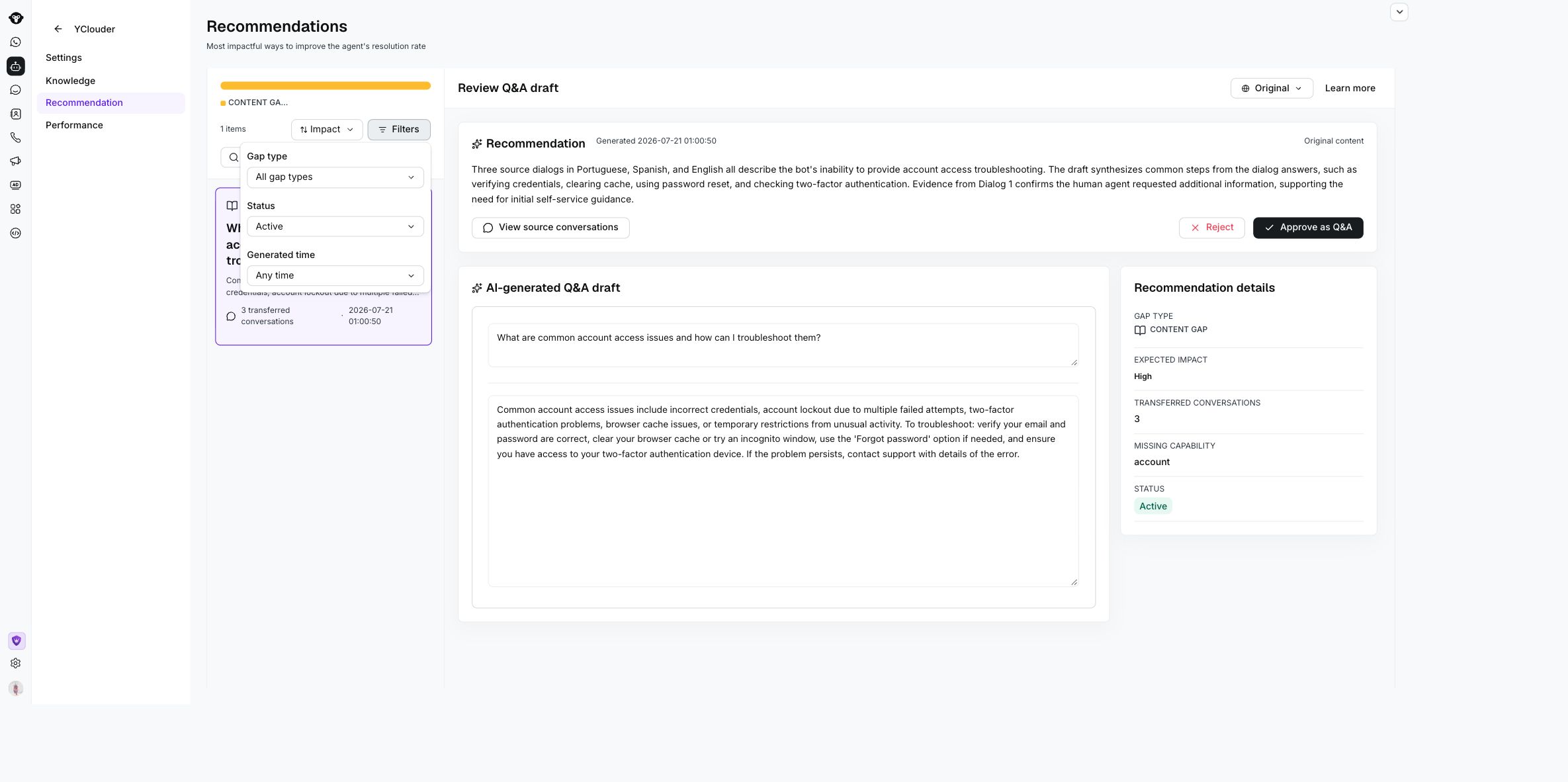 YClouder Recommendations page with the Filters panel open for gap type, status, and generated time