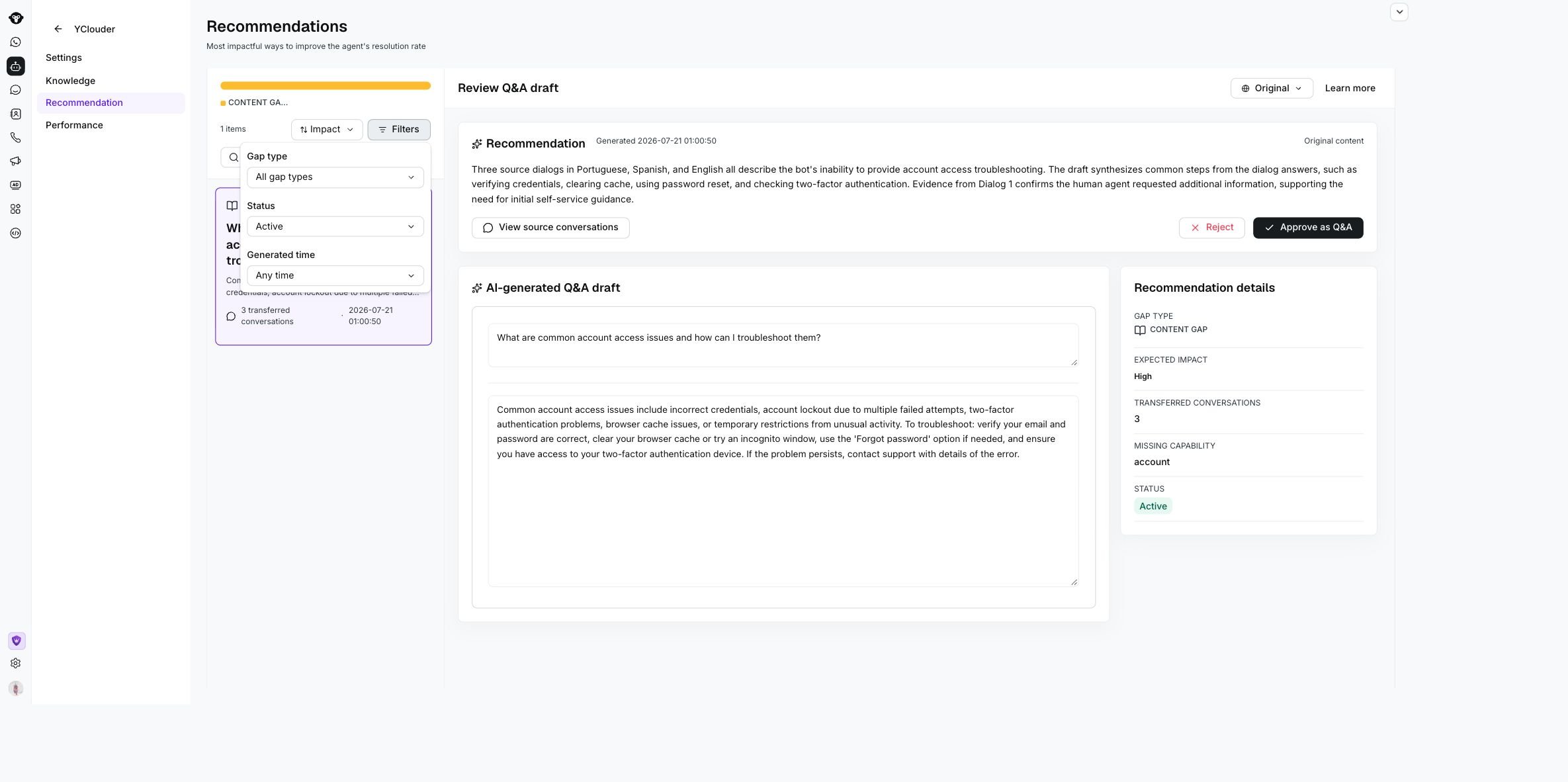 YClouder Recommendations page with the Filters panel open for gap type, status, and generated time