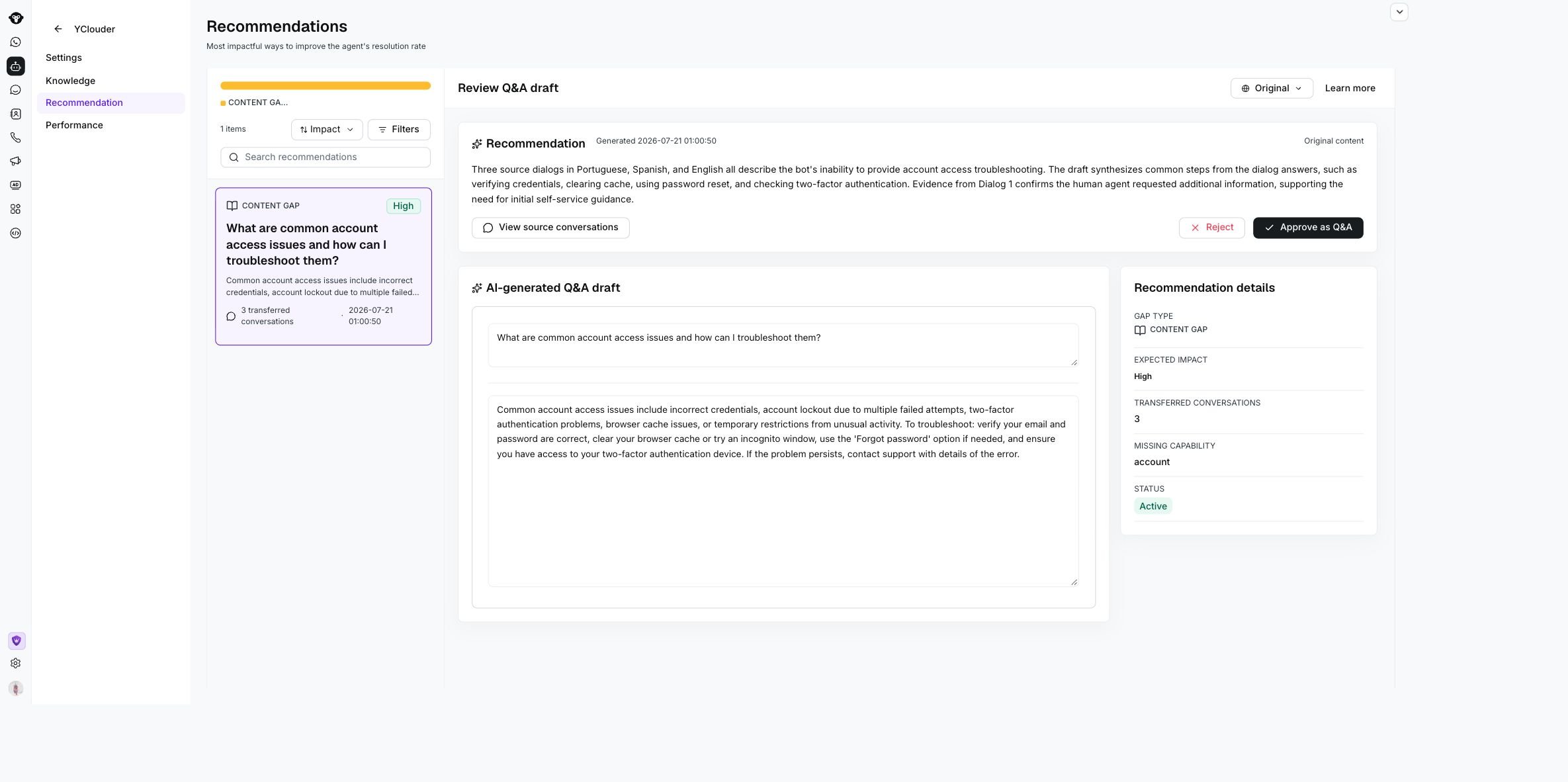 YClouder Recommendations page with a Content gap card, recommendation evidence, Q&A draft, and recommendation details