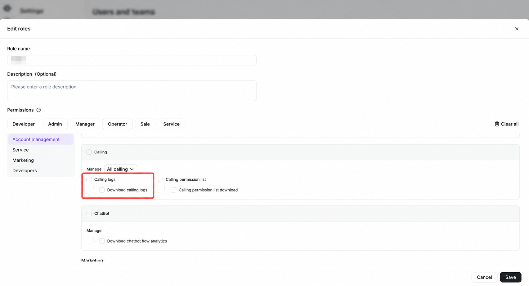 Configurar los permisos de Registros de llamadas y de descarga de Registros de llamadas para un rol personalizado