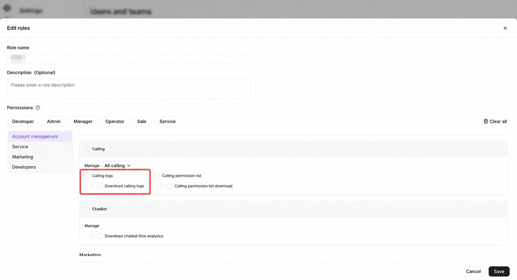 Configurar los permisos de Registros de llamadas y de descarga de Registros de llamadas para un rol personalizado