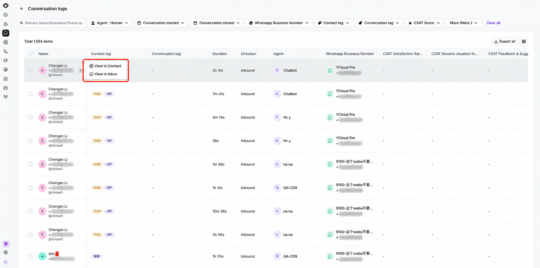Tabela de registros de conversas com o menu da linha aberto e números de telefone ocultados.