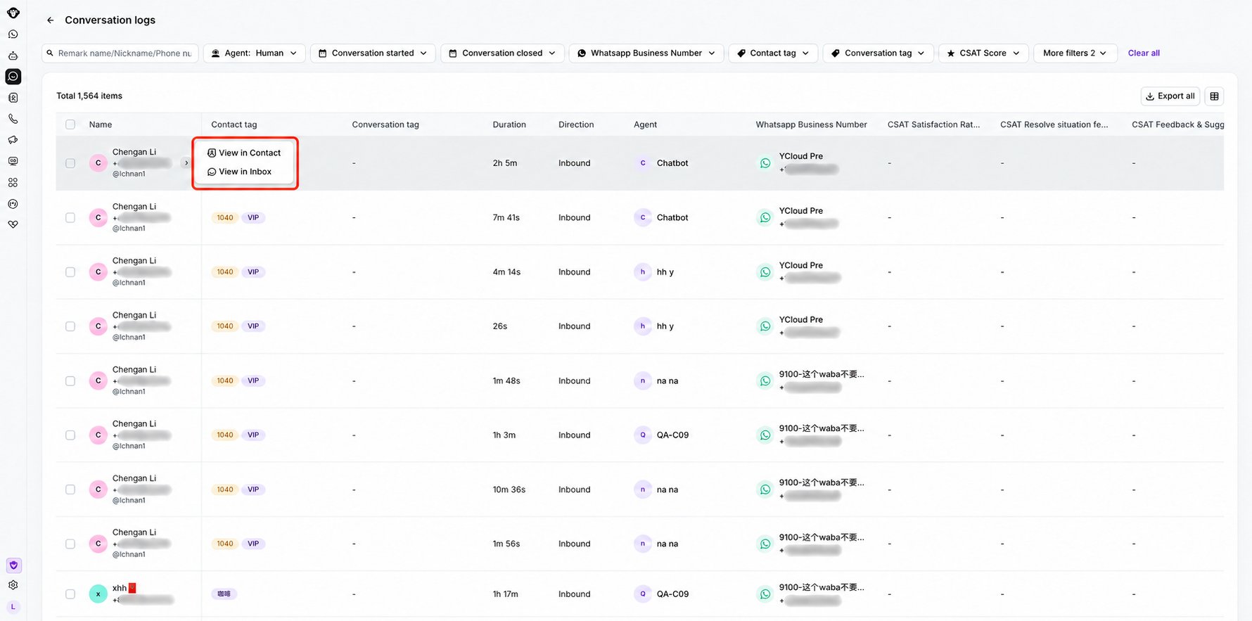 Tabla de registros de conversaciones con el menú de fila abierto y números de teléfono ocultos.