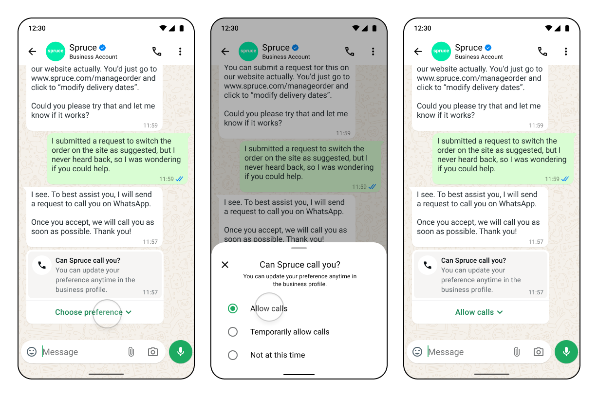 Three WhatsApp screens showing a business call-permission request, the customer's permission choices, and the allowed state.