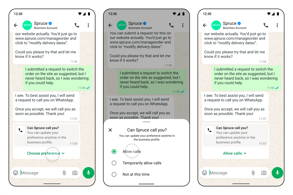 Three WhatsApp screens showing a business call-permission request, the customer's permission choices, and the allowed state.