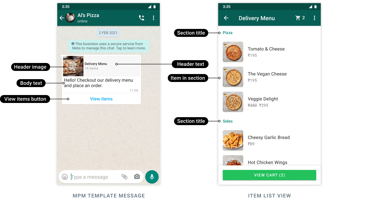 A WhatsApp multi-product message with a View items button opens a product list organized into sections.
