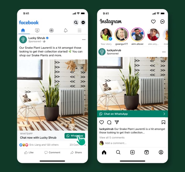 Facebook and Instagram ads with buttons that open a WhatsApp conversation.
