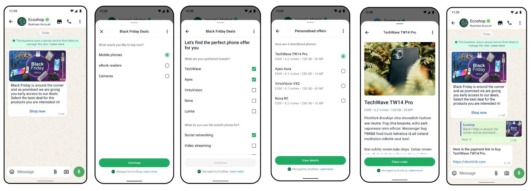 Meta example of WhatsApp Flow screens, from a message button through product preferences and selection to a follow-up message.