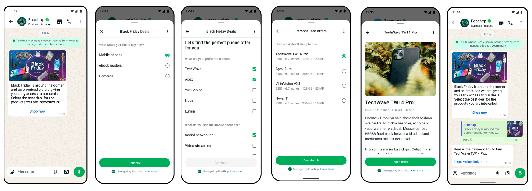 Meta example of WhatsApp Flow screens, from a message button through product preferences and selection to a follow-up message.