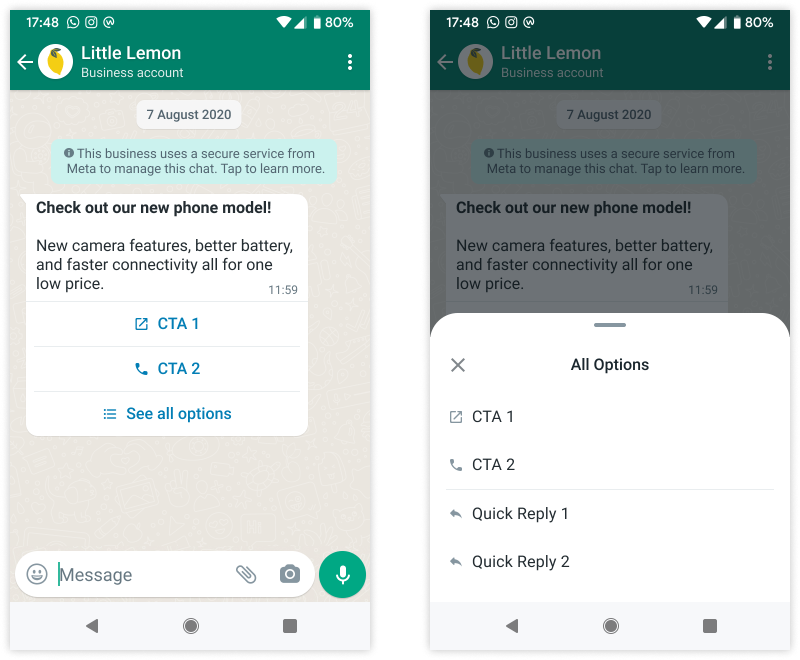 A WhatsApp template with two visible action buttons and See all options, alongside the expanded list containing URL, phone, and quick-reply actions.
