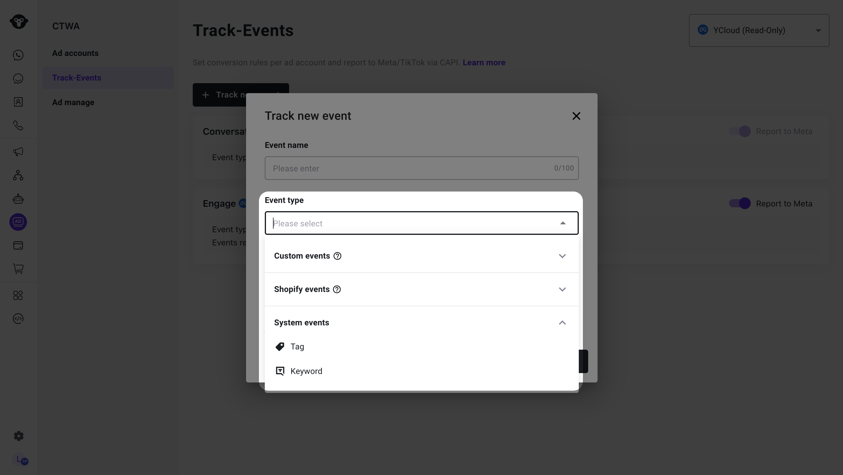Track new event dialog showing Custom events, Tag, and Keyword options