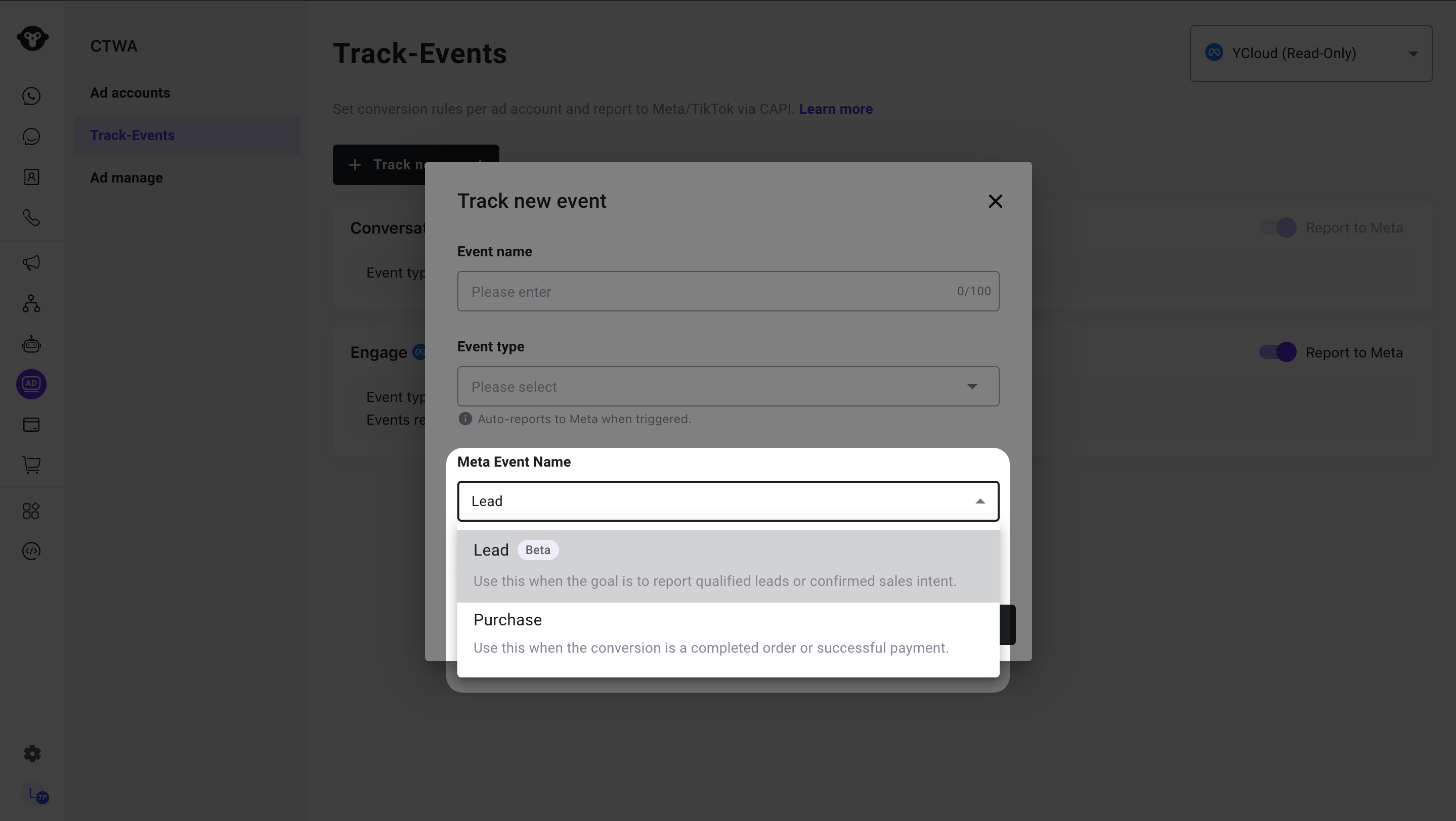 Диалоговое окно отслеживания нового события с параметрами Lead и Purchase в меню Meta Event Name