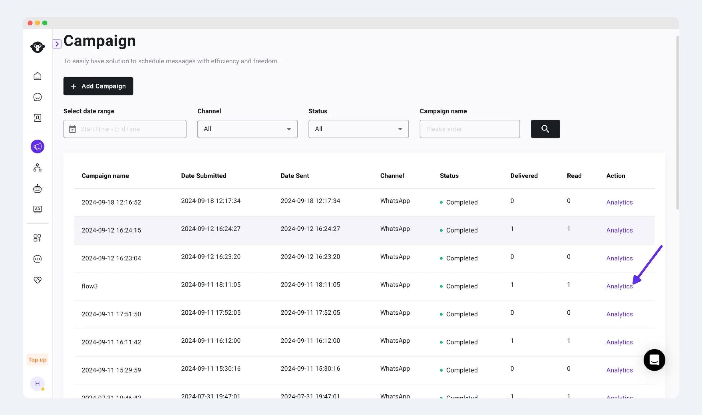 Flow response data in campaign analytics