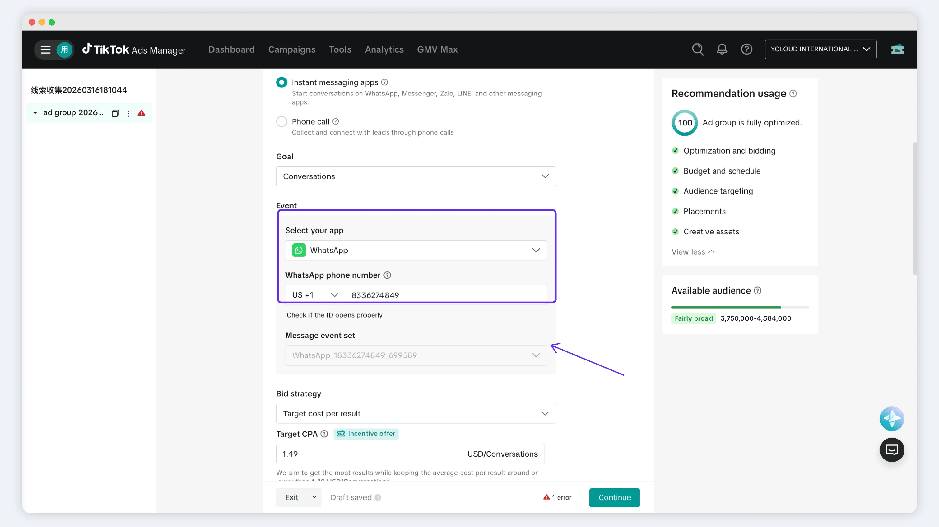 TikTok Ads Manager WhatsApp number settings