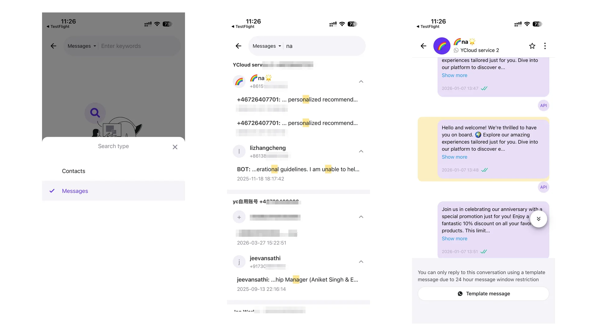 Búsqueda global de contactos y mensajes en la app móvil de YCloud Inbox